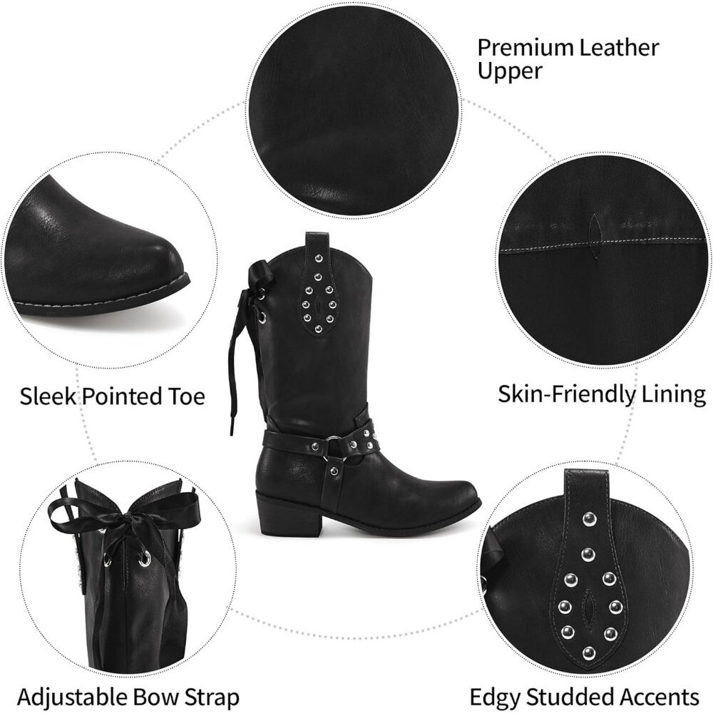 Women's Western Leather Mid Calf Fashion Chunky Cowgirl Pointed Toe Black Boot - Picture 4 of 7